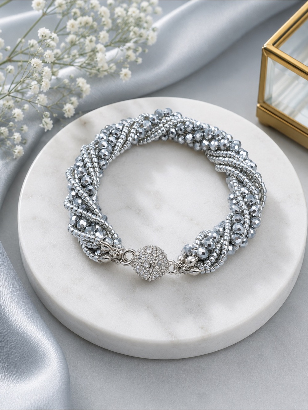 Silver Braided Beaded Bracelet with Crystal Clasp